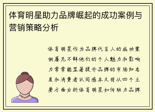 体育明星助力品牌崛起的成功案例与营销策略分析
