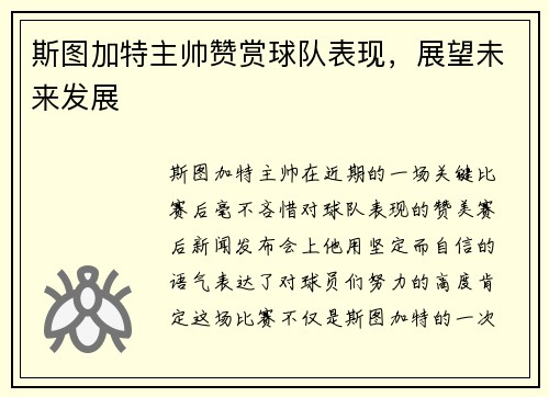 斯图加特主帅赞赏球队表现，展望未来发展